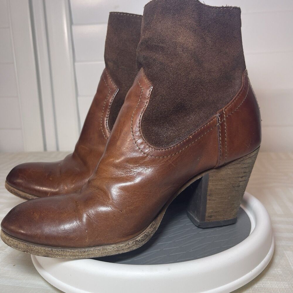 Frye Tessa Zip Short Low Boot Womens 5.5 Brown Cognac Leather Suede Cuban Heel - Picture 5 of 10
